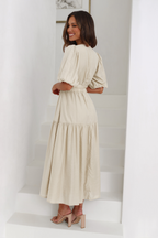 Deep V-Neck Smocked Waist Puff Sleeve Tiered Midi Dress