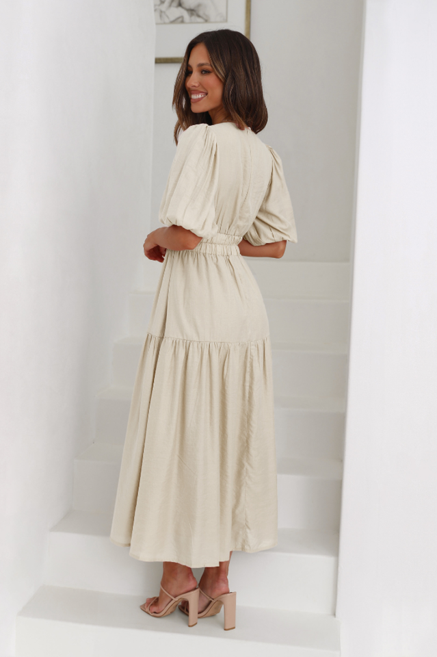 Deep V-Neck Smocked Waist Puff Sleeve Tiered Midi Dress