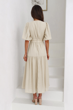 Deep V-Neck Smocked Waist Puff Sleeve Tiered Midi Dress
