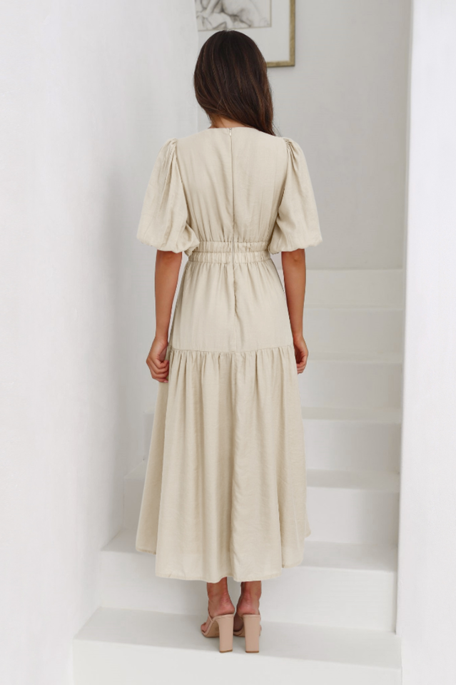 Deep V-Neck Smocked Waist Puff Sleeve Tiered Midi Dress