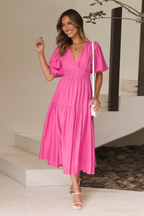 Deep V-Neck Smocked Waist Puff Sleeve Tiered Midi Dress