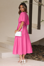 Deep V-Neck Smocked Waist Puff Sleeve Tiered Midi Dress