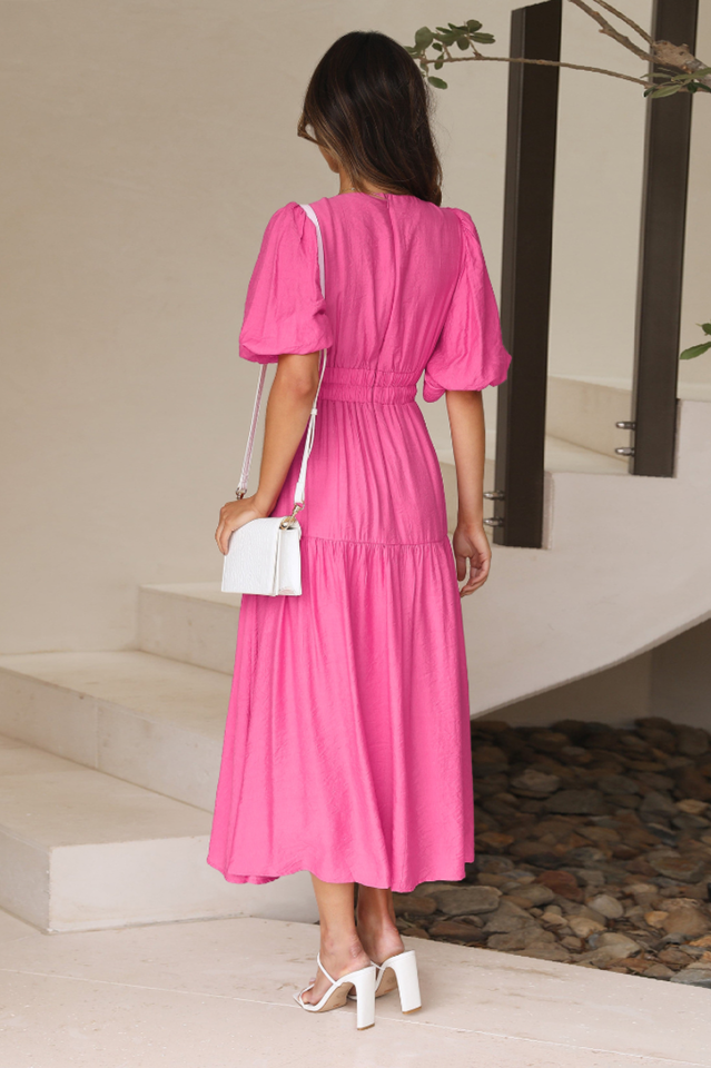 Deep V-Neck Smocked Waist Puff Sleeve Tiered Midi Dress