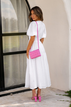 Deep V-Neck Smocked Waist Puff Sleeve Tiered Midi Dress