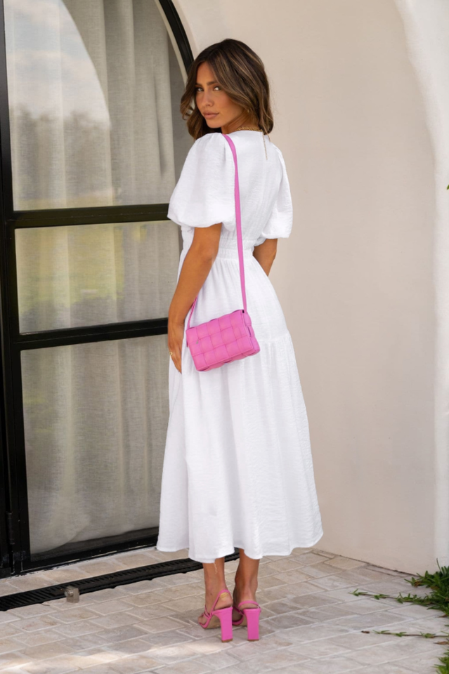Deep V-Neck Smocked Waist Puff Sleeve Tiered Midi Dress