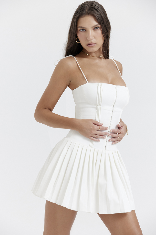 Corset Hook Front Accordion Pleated Spaghetti Strap Mini Dress