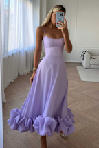 Spaghetti Strap Scoop Neck Flounce Ruffle Hem A-Line Midi Dress