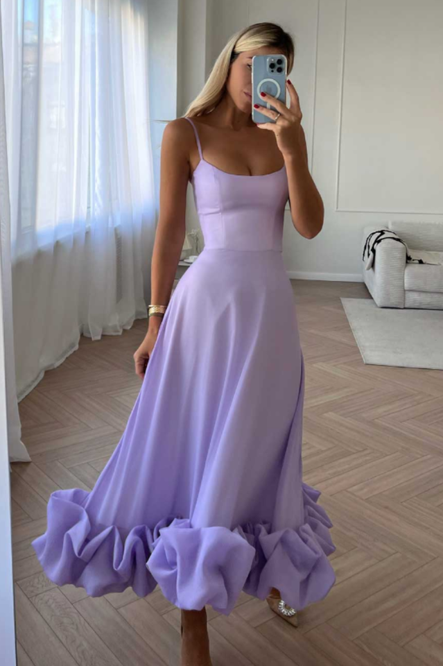 Spaghetti Strap Scoop Neck Flounce Ruffle Hem A-Line Midi Dress