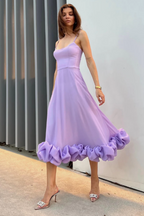 Spaghetti Strap Scoop Neck Flounce Ruffle Hem A-Line Midi Dress