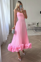 Spaghetti Strap Scoop Neck Flounce Ruffle Hem A-Line Midi Dress