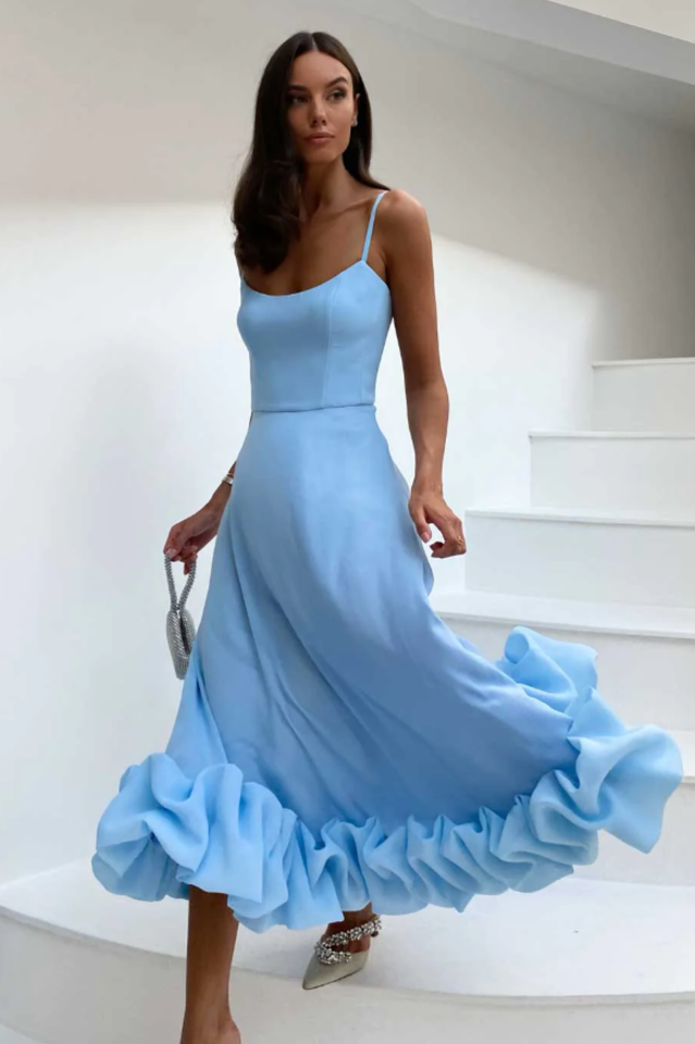 Spaghetti Strap Scoop Neck Flounce Ruffle Hem A-Line Midi Dress