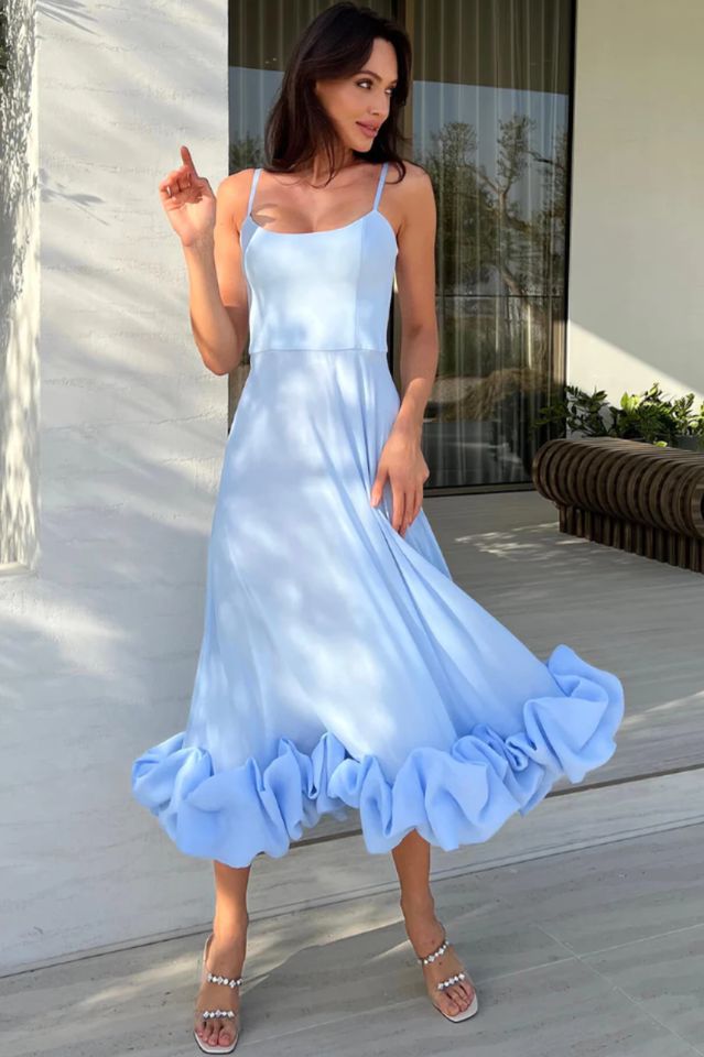 Spaghetti Strap Scoop Neck Flounce Ruffle Hem A-Line Midi Dress