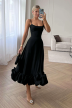 Spaghetti Strap Scoop Neck Flounce Ruffle Hem A-Line Midi Dress