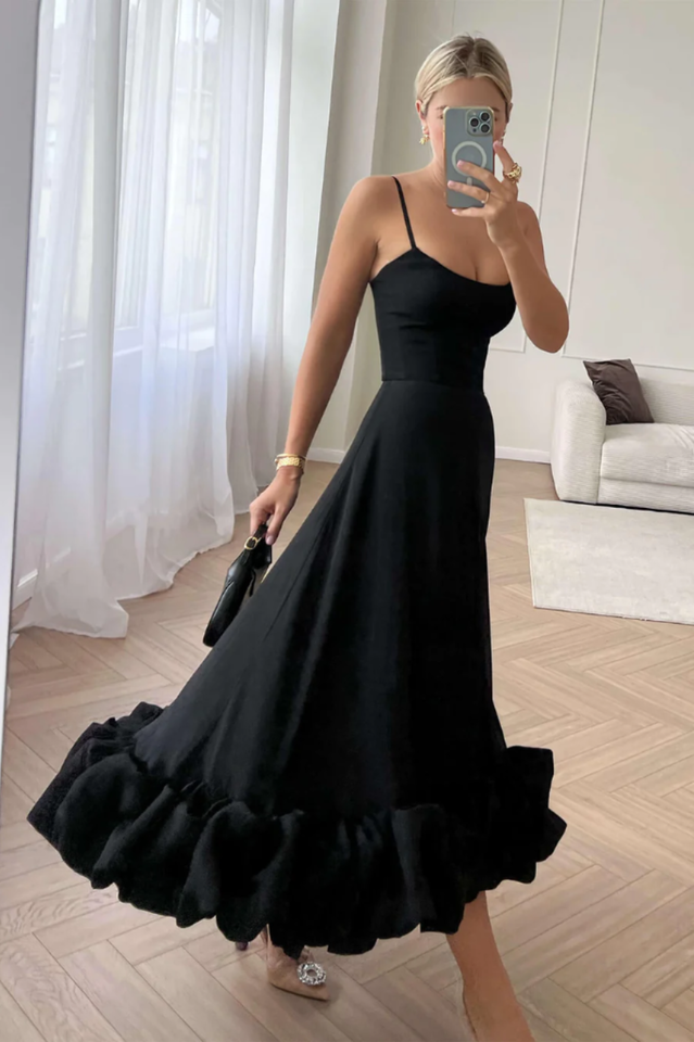 Spaghetti Strap Scoop Neck Flounce Ruffle Hem A-Line Midi Dress