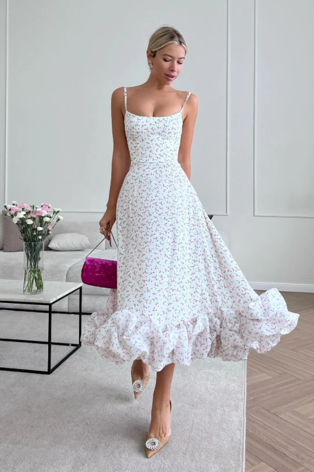 Spaghetti Strap Scoop Neck Flounce Ruffle Hem A-Line Midi Dress