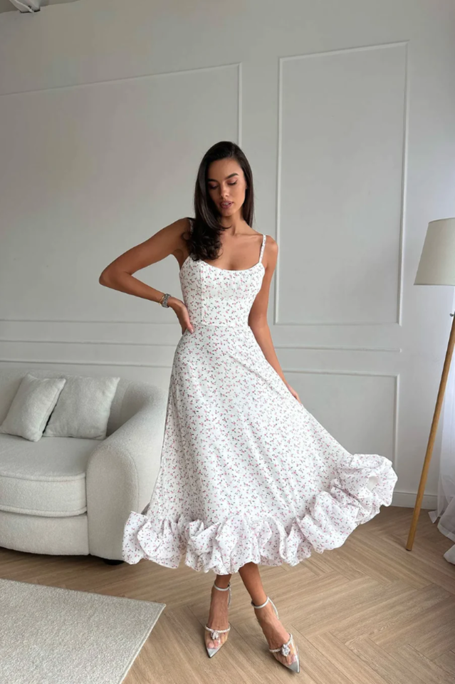 Spaghetti Strap Scoop Neck Flounce Ruffle Hem A-Line Midi Dress