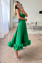 Spaghetti Strap Scoop Neck Flounce Ruffle Hem A-Line Midi Dress