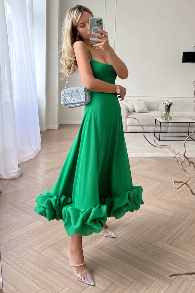 Spaghetti Strap Scoop Neck Flounce Ruffle Hem A-Line Midi Dress