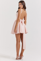 Sleeveless Open Back Bow Detail Pleated Fit and Flare Mini Dress