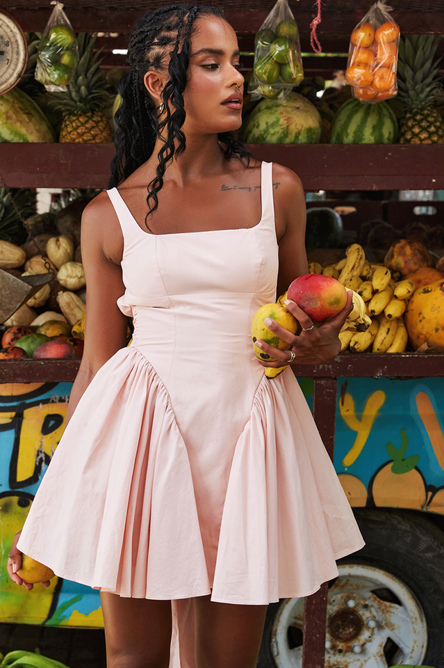 Sleeveless Open Back Bow Detail Pleated Fit and Flare Mini Dress
