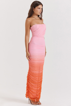 Strapless Horizontal Ruched Gradient Mesh Bodycon Maxi Dress