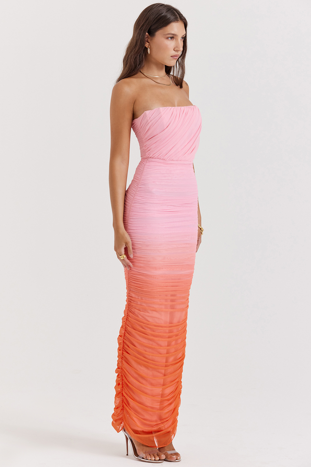 Strapless Horizontal Ruched Gradient Mesh Bodycon Maxi Dress