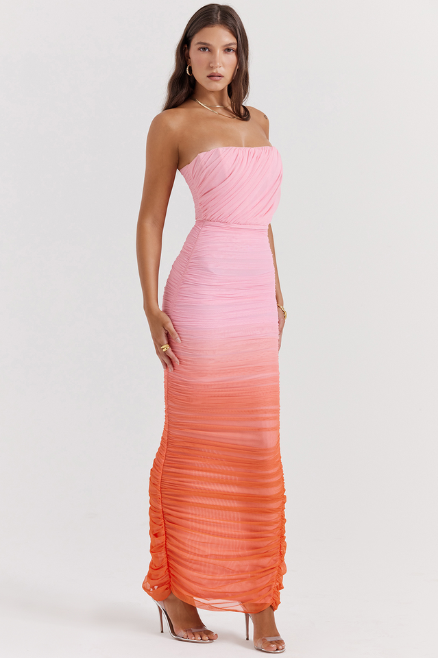 Strapless Horizontal Ruched Gradient Mesh Bodycon Maxi Dress