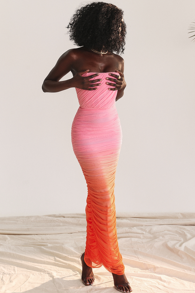 Strapless Horizontal Ruched Gradient Mesh Bodycon Maxi Dress