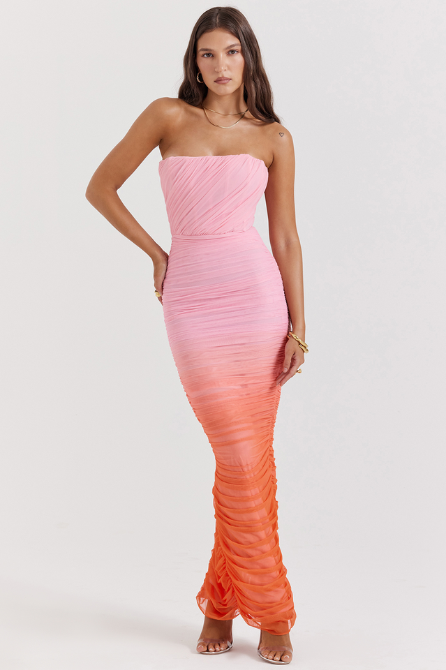 Strapless Horizontal Ruched Gradient Mesh Bodycon Maxi Dress