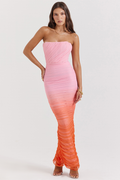 Strapless Horizontal Ruched Gradient Mesh Bodycon Maxi Dress