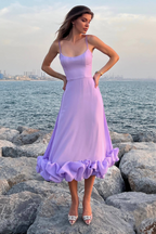 Spaghetti Strap Scoop Neck Flounce Ruffle Hem A-Line Midi Dress