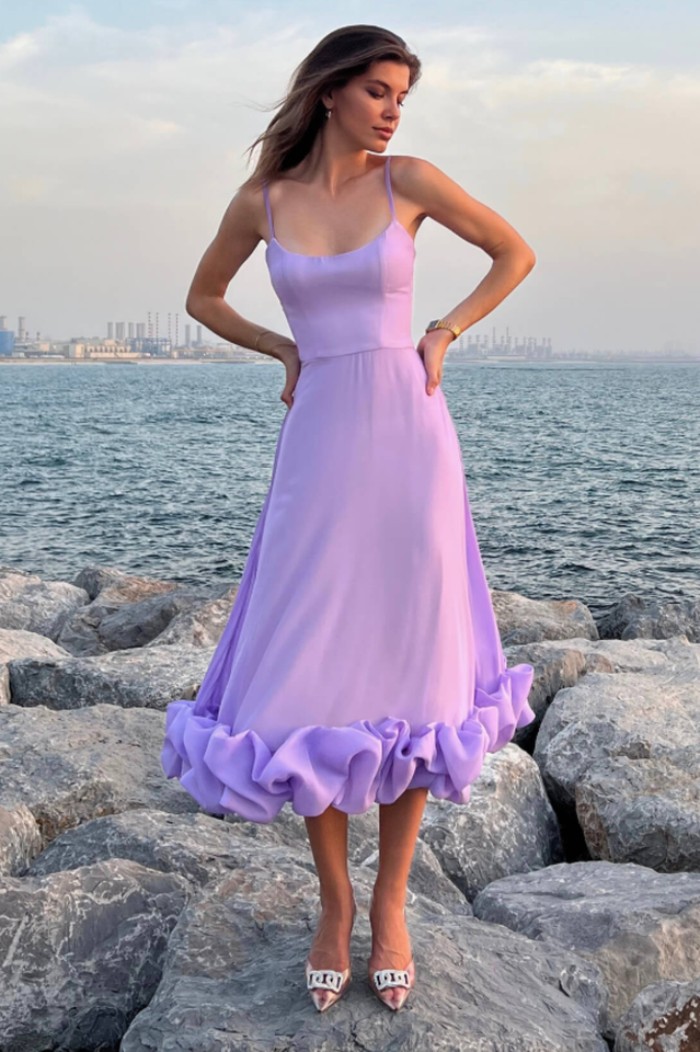 Spaghetti Strap Scoop Neck Flounce Ruffle Hem A-Line Midi Dress