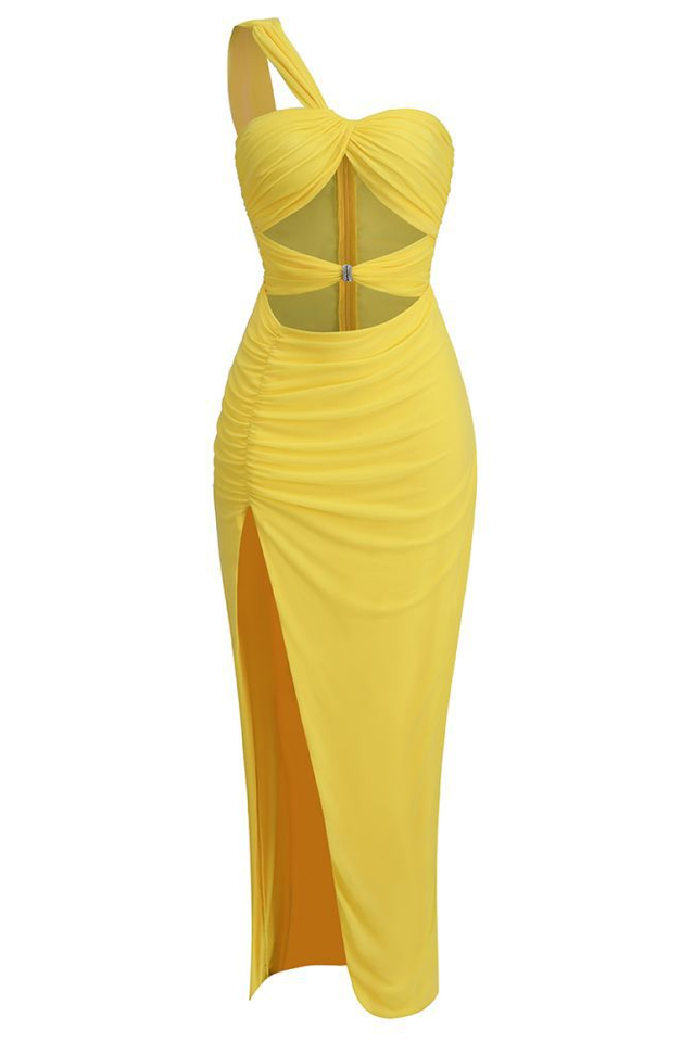 One Shoulder Twisted Buckle Cut Out Ruched High Split Bodycon Maxi Dress