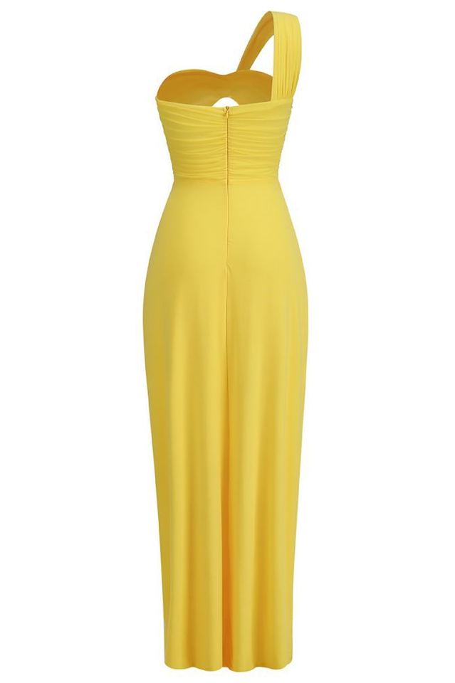 One Shoulder Twisted Buckle Cut Out Ruched High Split Bodycon Maxi Dress