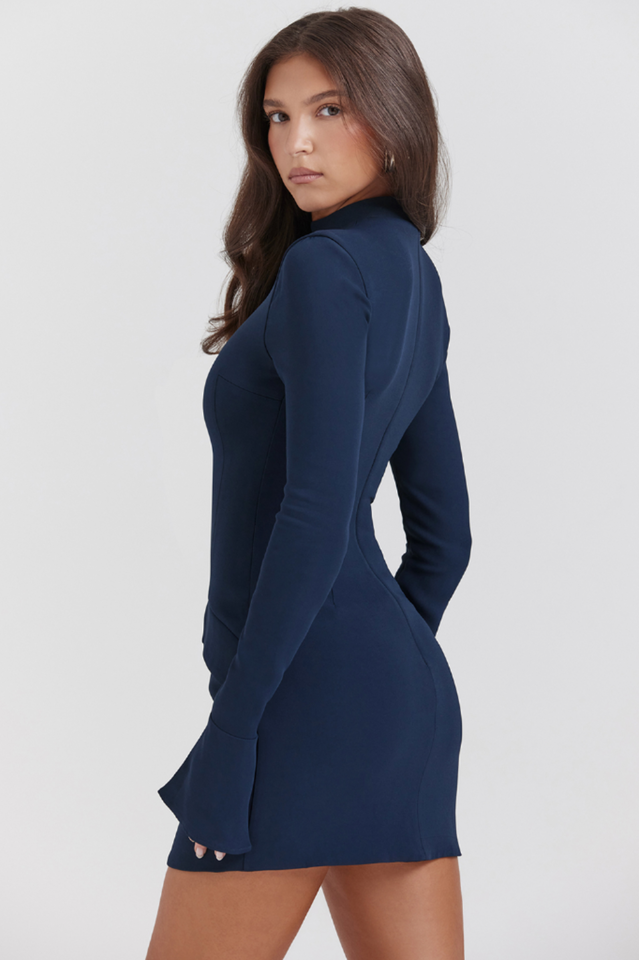 Mock Neck Long Sleeve Princess Seam Hip Flap Panel Mini Dress