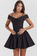 Off Shoulder Foldover Collar Spaghetti Strap Pleated Fit and Flare Mini Dress