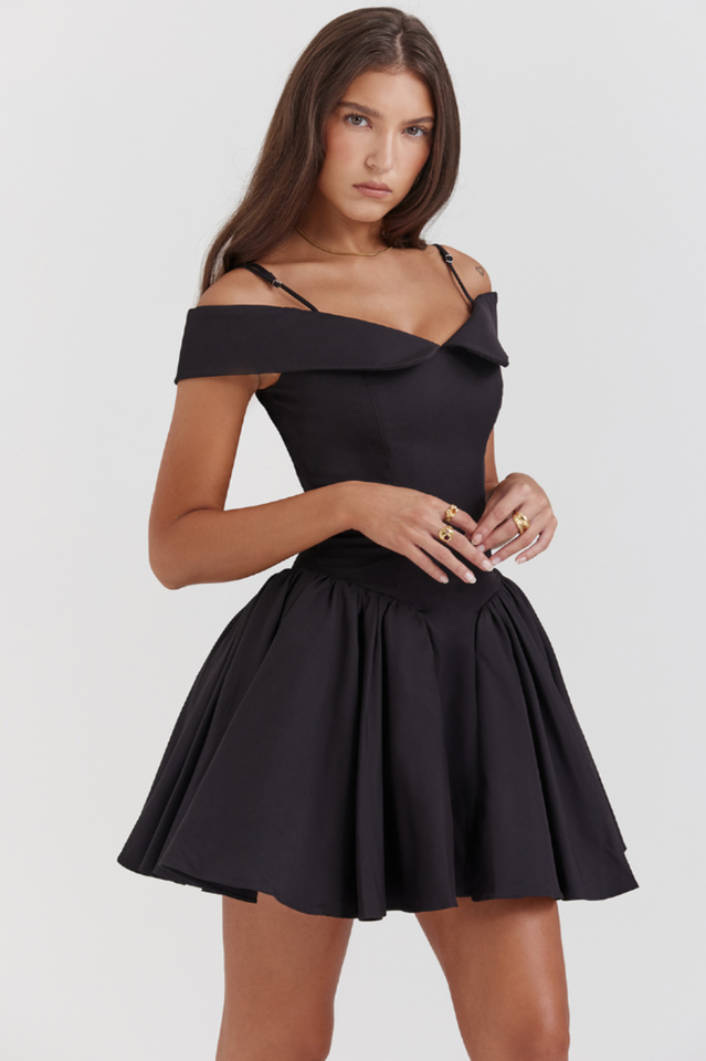 Off Shoulder Foldover Collar Spaghetti Strap Pleated Fit and Flare Mini Dress