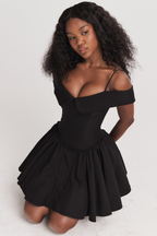 Off Shoulder Foldover Collar Spaghetti Strap Pleated Fit and Flare Mini Dress