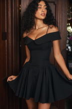 Off Shoulder Foldover Collar Spaghetti Strap Pleated Fit and Flare Mini Dress