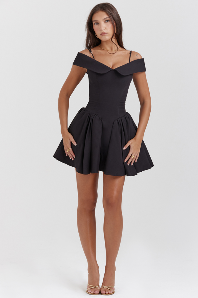 Off Shoulder Foldover Collar Spaghetti Strap Pleated Fit and Flare Mini Dress