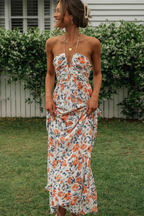 Floral Print Halter Deep V-Neck Tiered Ruffle Maxi Dress
