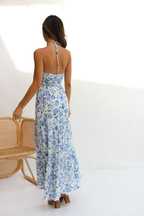 Floral Print Halter Deep V-Neck Tiered Ruffle Maxi Dress