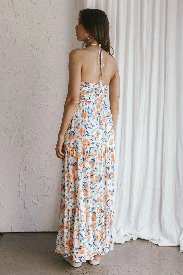 Floral Print Halter Deep V-Neck Tiered Ruffle Maxi Dress