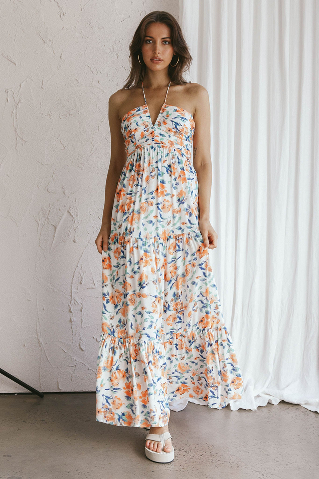 Floral Print Halter Deep V-Neck Tiered Ruffle Maxi Dress