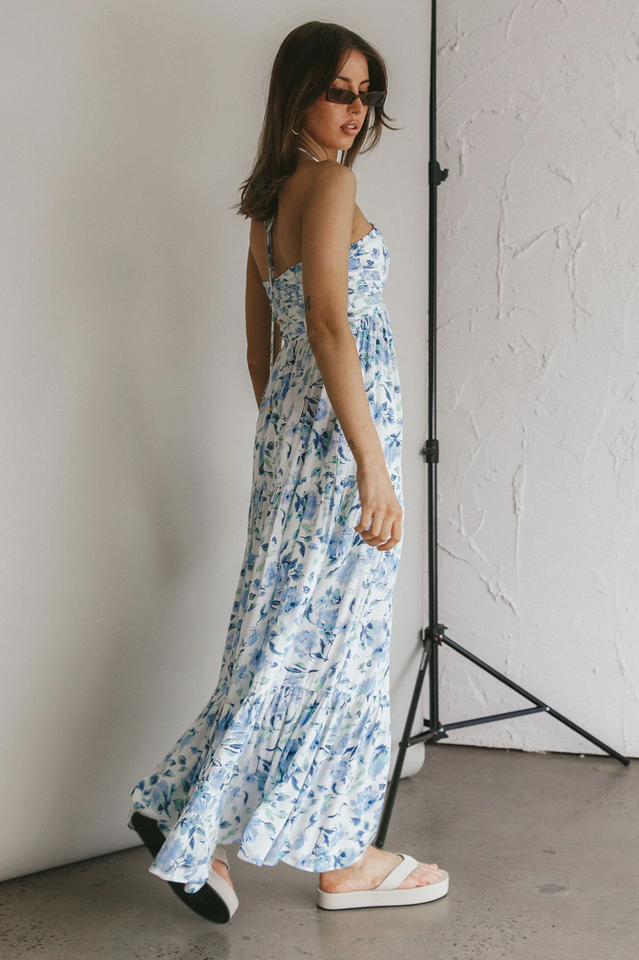 Floral Print Halter Deep V-Neck Tiered Ruffle Maxi Dress