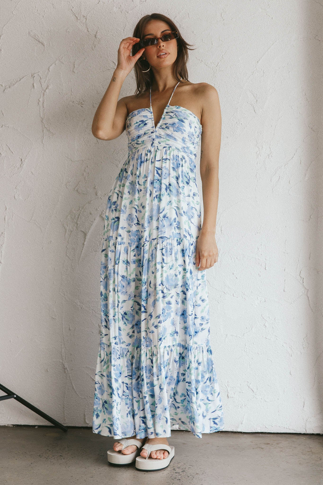 Floral Print Halter Deep V-Neck Tiered Ruffle Maxi Dress