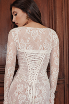 Square Neck Floral Lace Horizontal Ruching Long Sleeve Maxi Gown