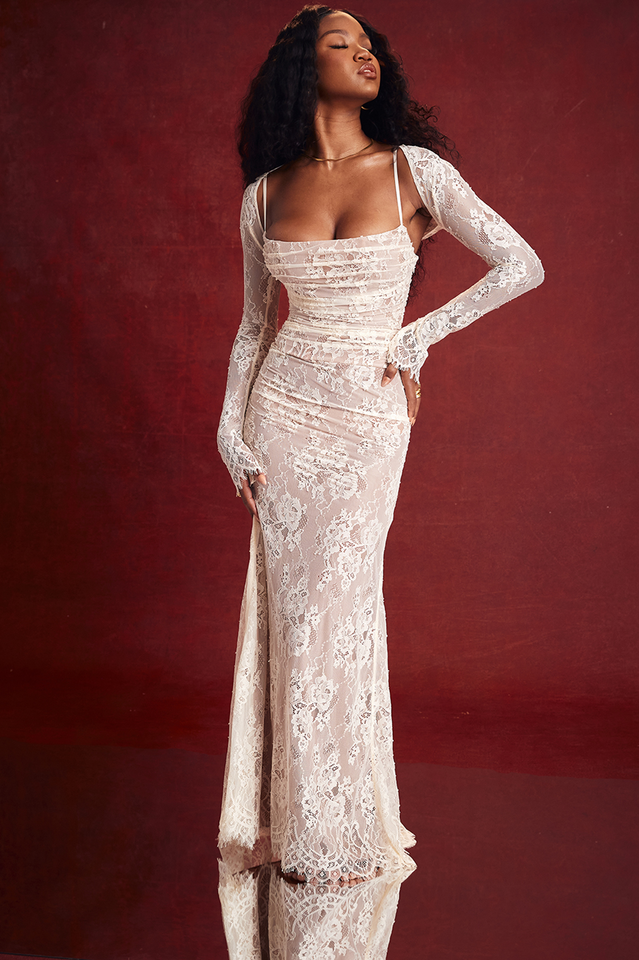 Square Neck Floral Lace Horizontal Ruching Long Sleeve Maxi Gown