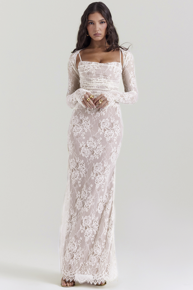 Square Neck Floral Lace Horizontal Ruching Long Sleeve Maxi Gown