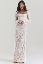 Square Neck Floral Lace Horizontal Ruching Long Sleeve Maxi Gown